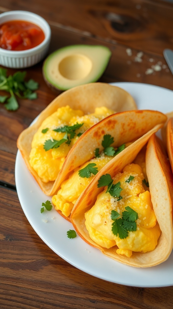 Scrambled eggs in tortillas garnished with cilantro and cheese, served with salsa and avocado.